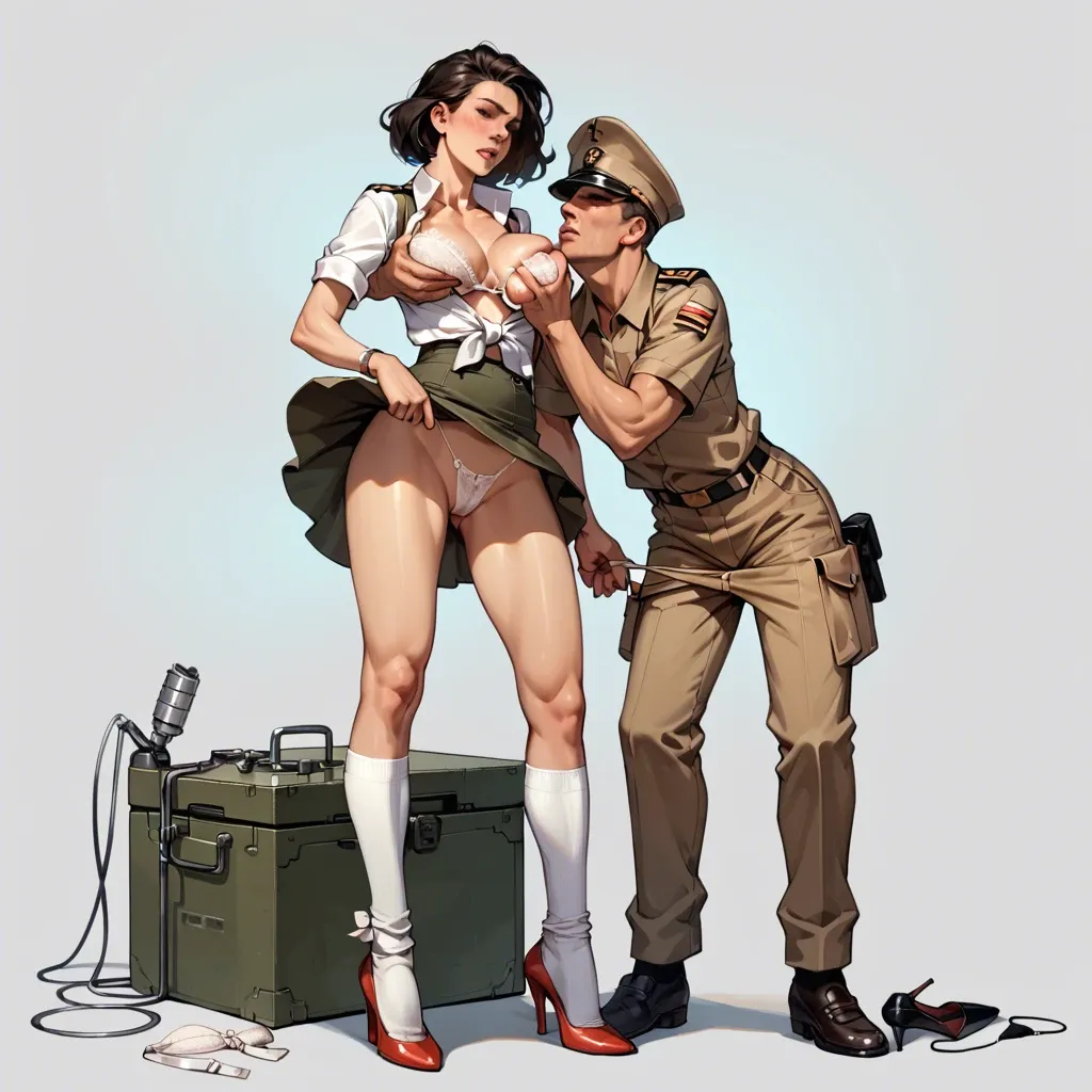 2girl, , , , machine,ankle,medium boobs,breast grab,elbow, upskirt,baggy socks,strings,pulled bra,no shoes, brown pants,lace,tied shirt,showing thong,high heels, army uniform,white lace,dangly earrings,pulled bra,heels, bathroom, ocean, spaceship, robot girl, painted, darkness, spider-gwen