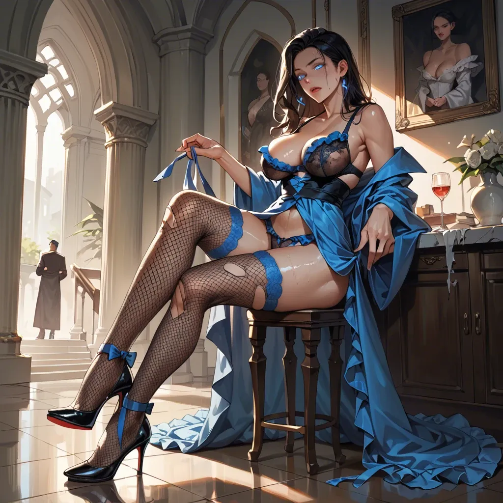 2girl, , , , glowing eyes,thin ankles,round big tits,oiled breasts,shoulder, robe,sexy stockings,black panties,frilled panties,high heels, torn dress,fishnets,blue panties,pulled bra,high heels, office man, streets, spaceship, detailed scales, bright, anna, waifu