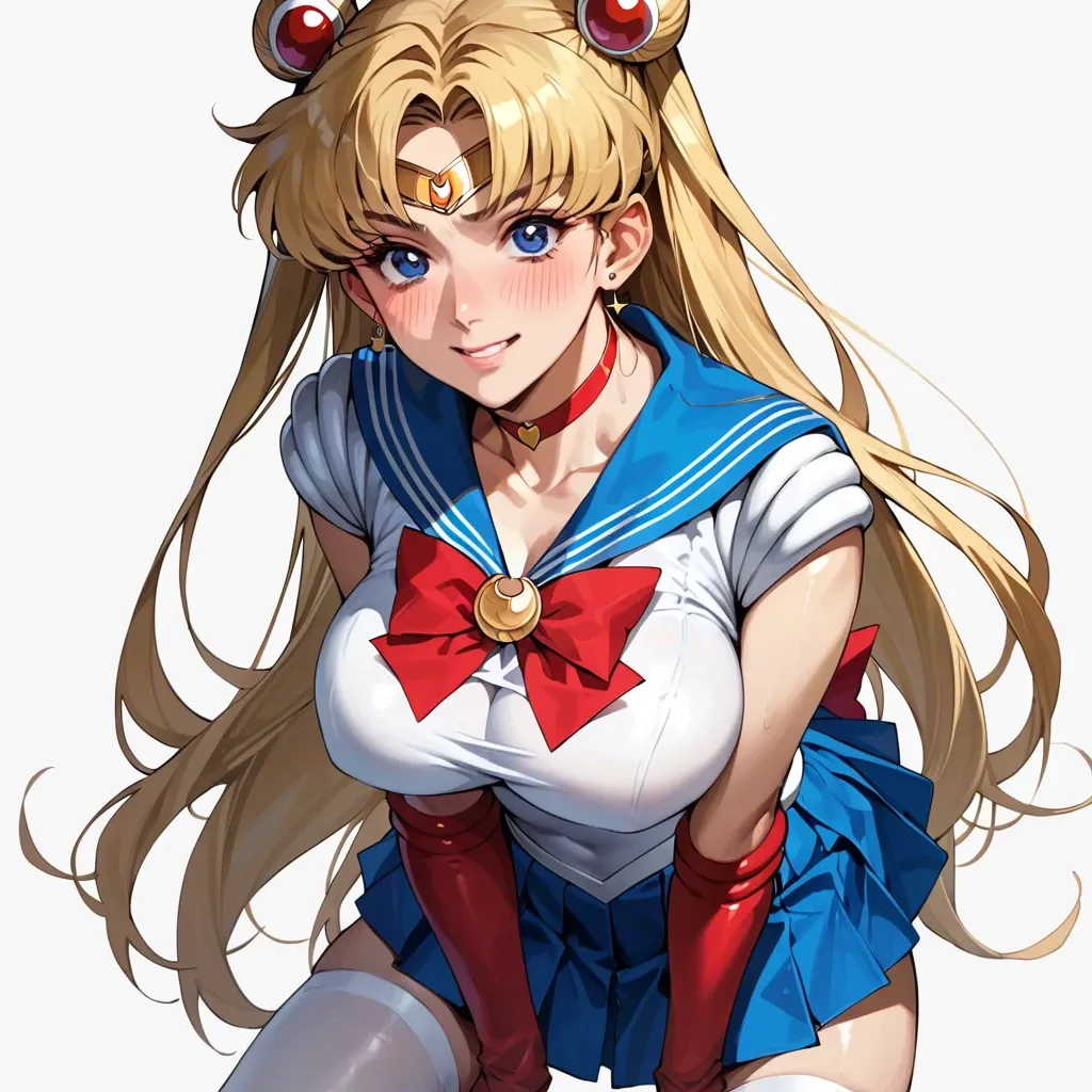 tsukino usagi, sailor moon, 1girl, solo, long hair, breasts, looking at viewer, blush, smile, bangs, blue eyes, skirt, blonde hair, large breasts, simple background, hair ornament, gloves, white high stockings, bow, twintails, jewelry, very long hair, closed mouth, collarbone, heart, thighs, cowboy shot, pleated skirt, earrings, choker, elbow gloves, white gloves, miniskirt, sailor collar, hair bun, red bow, blue skirt, double bun, covered navel, thick thighs, magical girl, blue sailor collar, crescent, alternate breast size, circlet, red choker, sailor senshi uniform, heart choker, crescent earrings