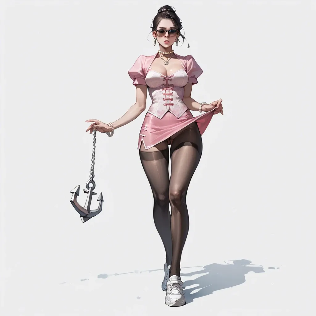 1girl,solo, , , , arching,five toes,big perky boobs,very wide hips,anchor necklace, skirt lift,pearl necklace,sunglasses,pink corset,white sneakers, china dress,black leggings,linked collars,mini skirt bra,platform heels, in classroom, ocean, cyberpunk, hyperrealistic, bright eyes, lara croft, elsa hair, waifu