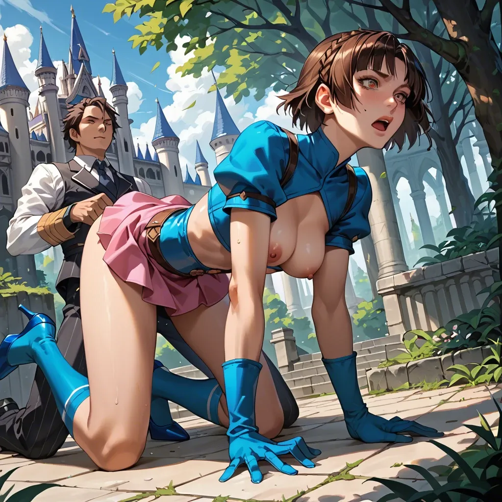 1girl,1boy, , , ,makoto nijima,  cute nose,heels, ,microwaist,doggystyle, pink skirt,socks,long blue gloves,stiletto heels, palace,gols,blue boots, royal bedroom, dark forest, spaceship, candid camera, mari makinami, long socks