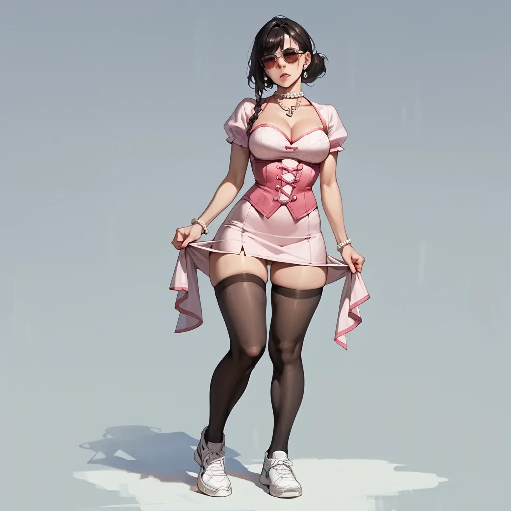 1girl,solo, , , , arching,five toes,big perky boobs,very wide hips,anchor necklace, skirt lift,pearl necklace,sunglasses,pink corset,white sneakers, china dress,black leggings,linked collars,mini skirt bra,platform heels, in classroom, ocean, cyberpunk, hyperrealistic, bright eyes, lara croft, elsa hair, waifu