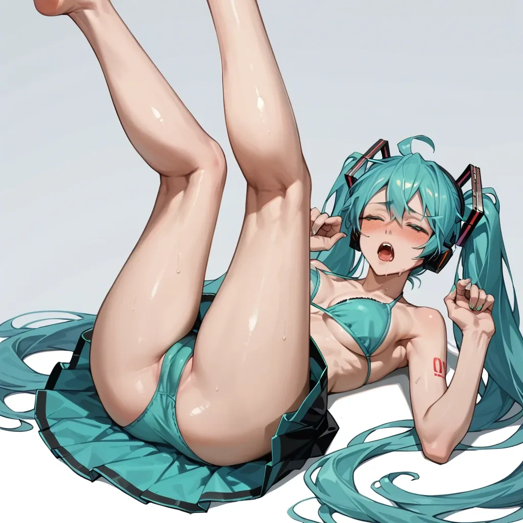 Orgasm face, clit rubbing, upskirt, legs spread, sitting down, legs up, bikini top, Hatsune Miku, masturbating