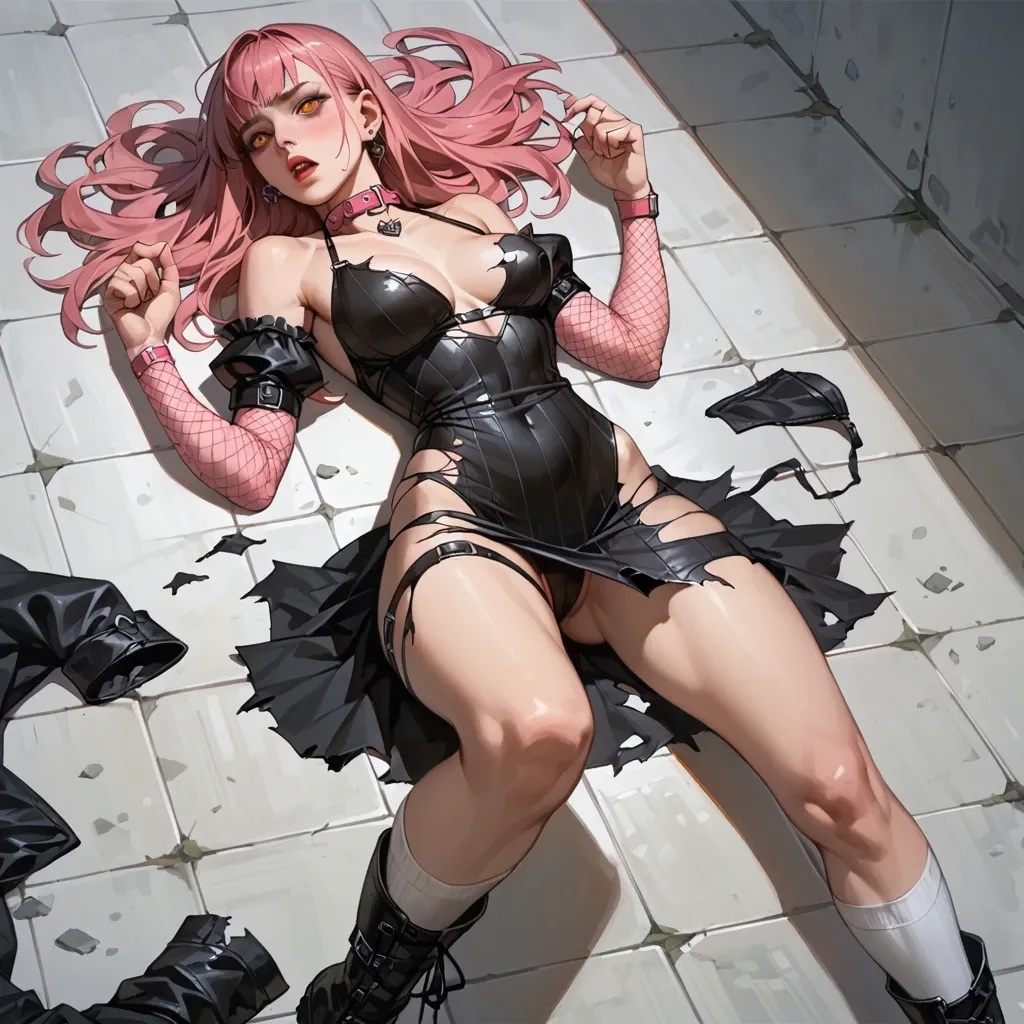 1girl,solo, , , , amber eyes,correct hands,big tits,petite breasts,wide shoulders, torn skirt,striped clothes,black collar,mesh bodysuit,black boots, black dress,white socks,pink choker,black bikini,gothic boots, barely, mountains, spaceship, moana, ariel waifu