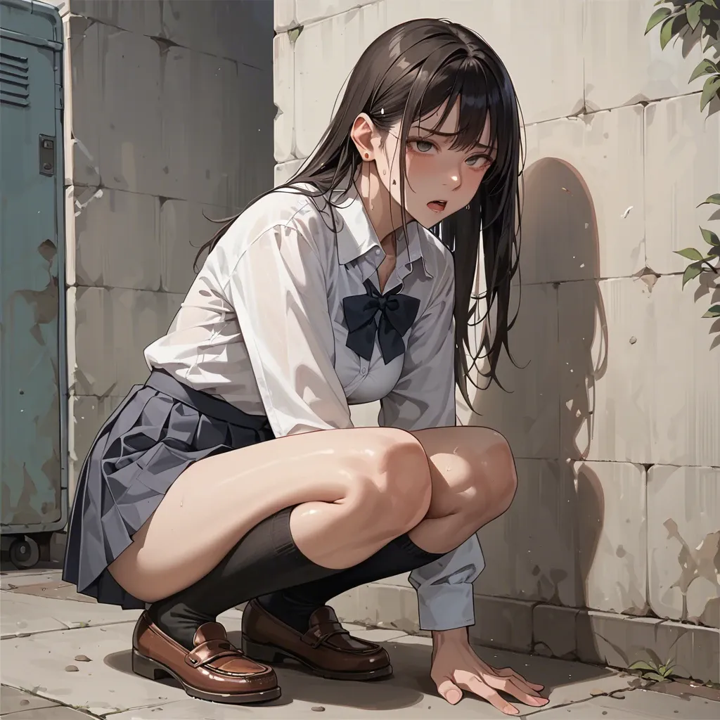 Schoolgirl. Knee socks. Grey pleated skirt. Open white blouse. Squatting. into dish.