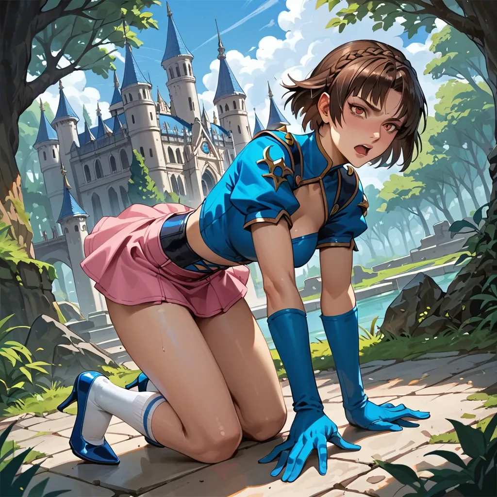 1girl,1boy, , , ,makoto nijima,  cute nose,heels, ,microwaist,doggystyle, pink skirt,socks,long blue gloves,stiletto heels, palace,gols,blue boots, royal bedroom, dark forest, spaceship, candid camera, mari makinami, long socks