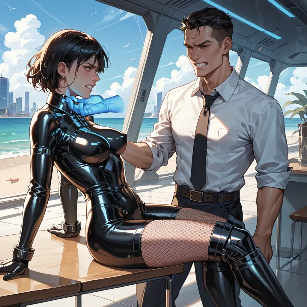 1girl,1boy, , , , clenching teeth,ghost hand,perky breast,spaceship,hold neck, formal shirt,fishnets,collared,latex bodysuit,armored boots, on the beach, desk, high detailed, brightly lit, princess peach, jasmine, miku hatsune