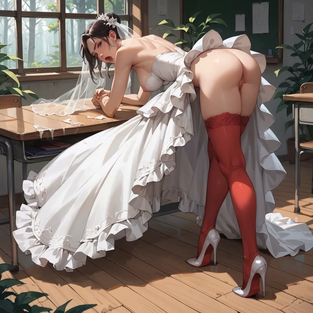 1girl,solo, , , , nose,bare feet,perky boobs,look back,throat, wedding dress,red thighhighs,black hat,no panties,ballet shoes, in classroom, dark forest, spaceship, bent over table, anime, bright, spider-gwen, heart dynamics