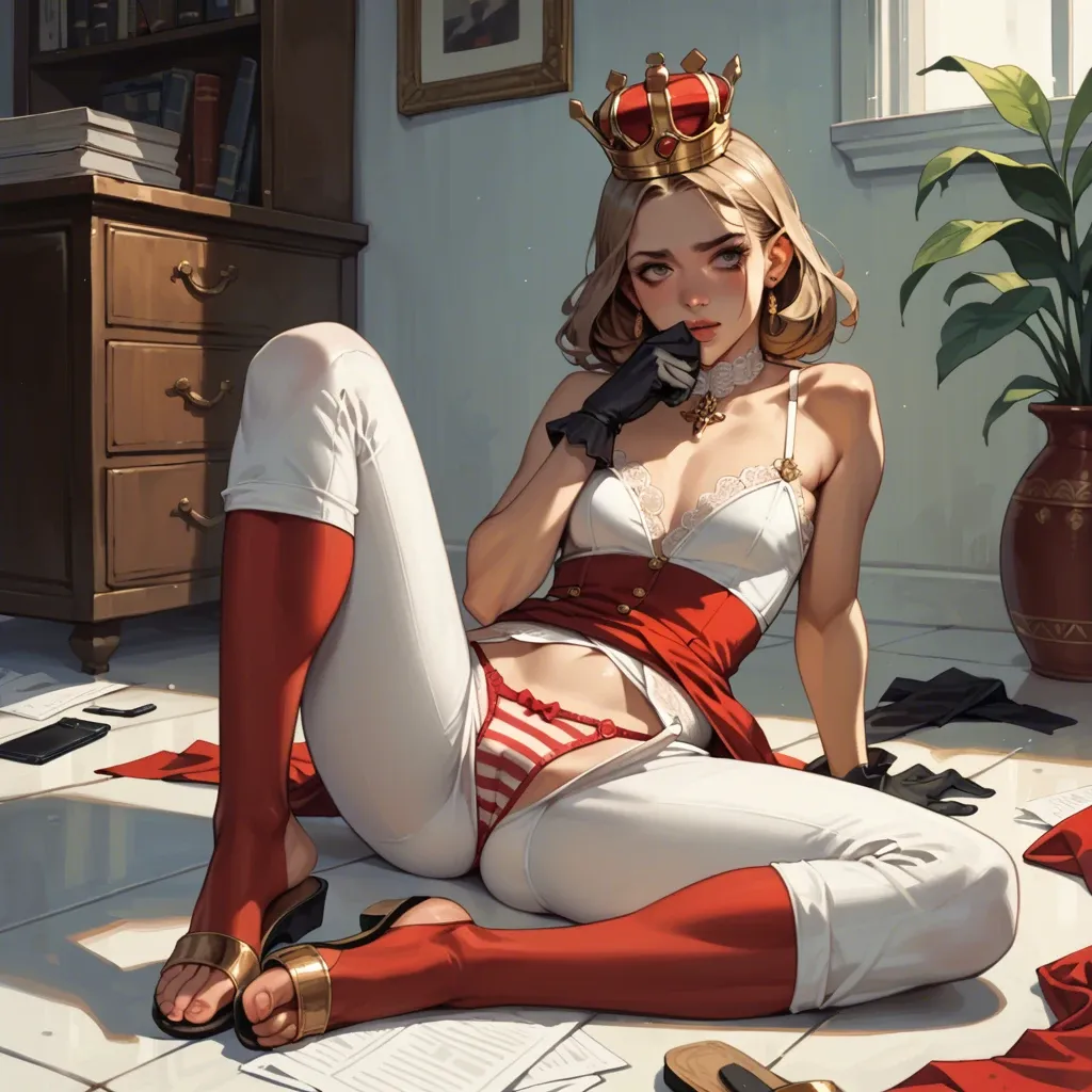 1girl,solo, , , , spread cheeks,forearm,perky boobs,round chest,wide shoulders, white pants,red stockings,gold crown,lingerie,sandals, office dress,striped,black gloves,panties visible,no shoes, hotel exterior, subway, castle, facing camera, in bed, anime coloring, bright-lit room, super mario, anna hair