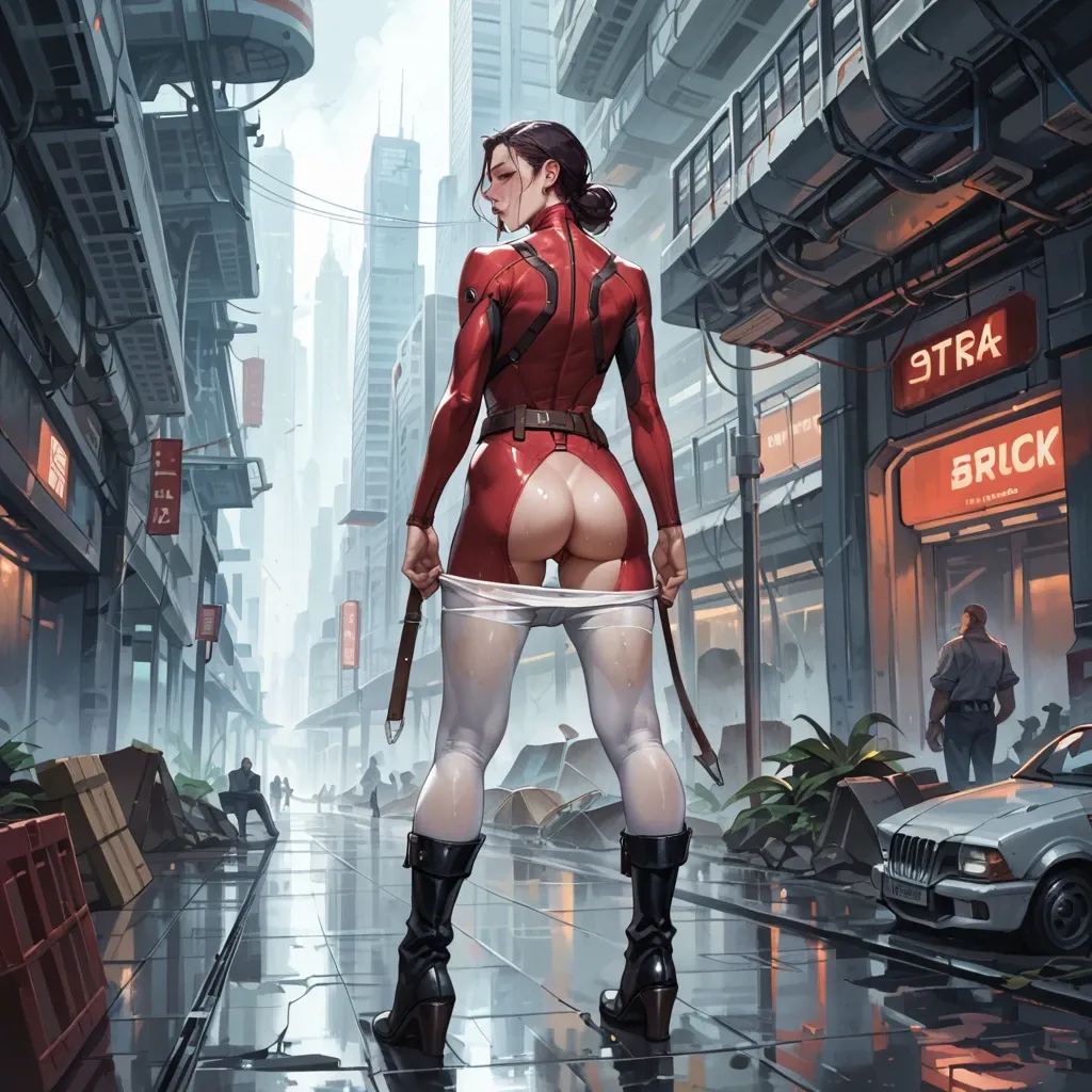 1girl,solo, , , , purple eyes,black footwear,saggy boobs,back,fat neck, pants down,white pantyhose,belts,maroon bodysuit,knee boots, glass shower, city, spaceship, digital art, bright-lit room, princess peach, spider-gwen, miku hatsune