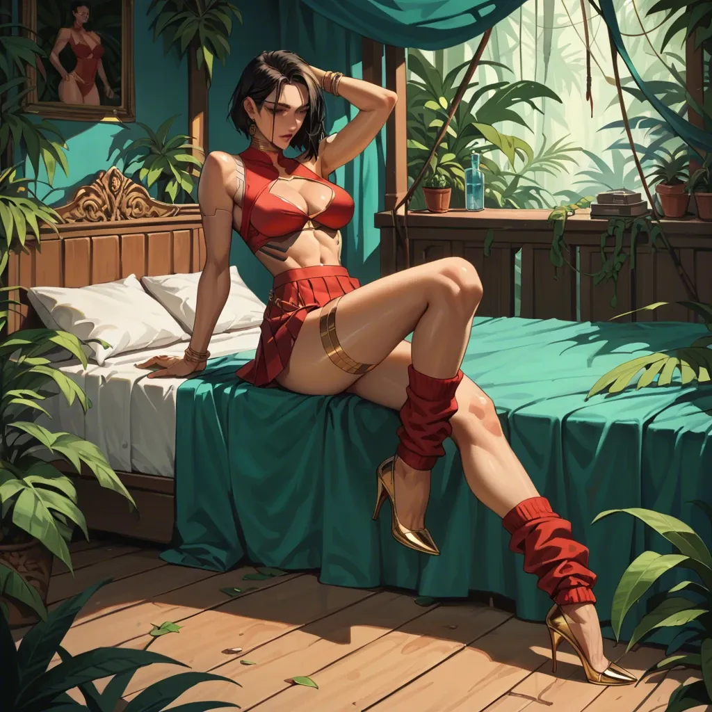 1girl,1boy, , , , cheekbones,heels,cleavage cutout,thin waist,tank, pleated skirt,leg warmers,gold jewelry,sexy red bikini,stiletto heels, royal bedroom, girl in jungle, cyberpunk, bed, robot, 2 boys, anna frozen