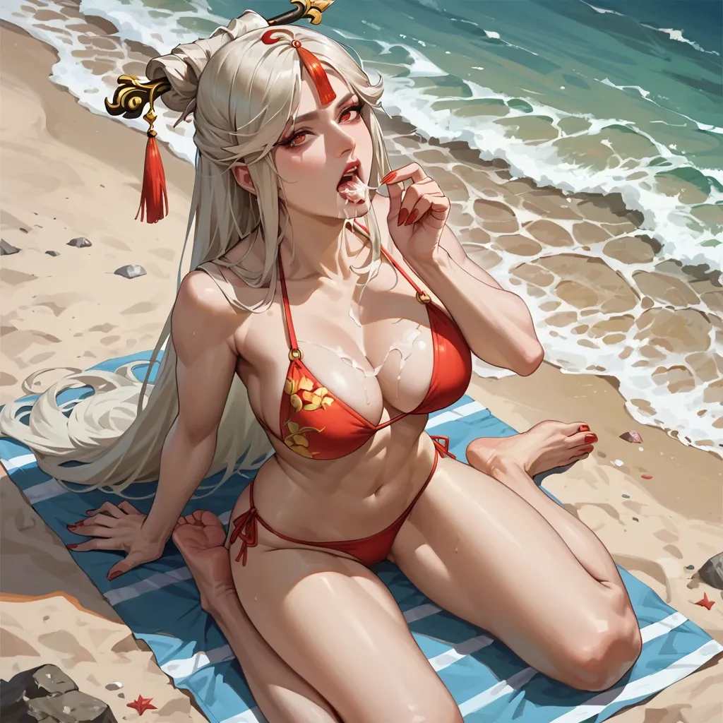 Ningguang, bikini, beach, barefoot, red nails, cum in mouth, open mouth