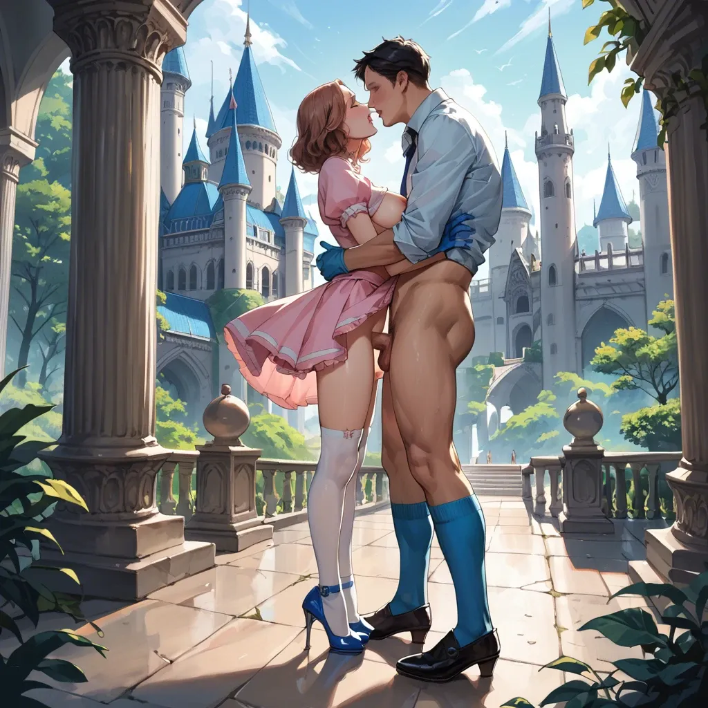 1girl,1boy, , , ,haru nakamura,  cute nose,heels, ,, pink skirt,socks,long blue gloves,stiletto heels,standing sex, palace,gols,blue boots, royal bedroom, dark forest, spaceship, candid camera, mari makinami, long socks