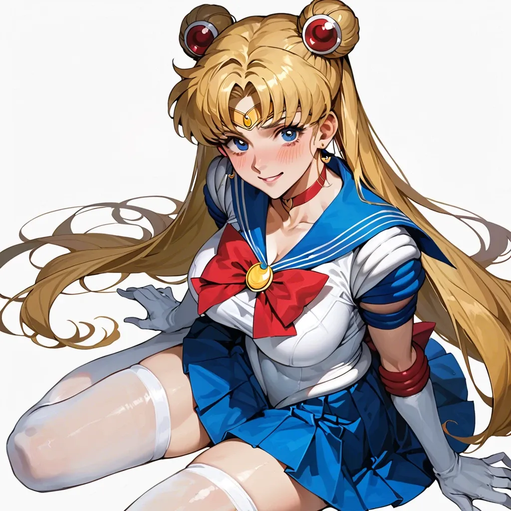 tsukino usagi, sailor moon, 1girl, solo, long hair, breasts, looking at viewer, blush, smile, bangs, blue eyes, skirt, blonde hair, large breasts, simple background, hair ornament, gloves, white high stockings, bow, twintails, jewelry, very long hair, closed mouth, collarbone, heart, thighs, cowboy shot, pleated skirt, earrings, choker, elbow gloves, white gloves, miniskirt, sailor collar, hair bun, red bow, blue skirt, double bun, covered navel, thick thighs, magical girl, blue sailor collar, crescent, alternate breast size, circlet, red choker, sailor senshi uniform, heart choker, crescent earrings