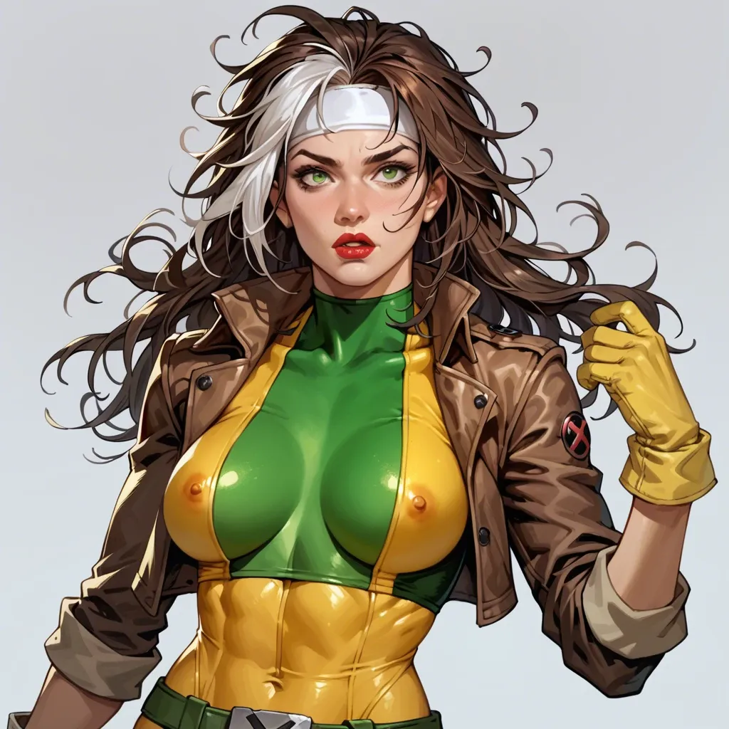 Rogue (X Men), RogueXMXL, green eyes, lipstick, brown hair, two-tone hair, long hair, messy hair, headband, Medium breasts, cropped jacket, brown jacket, yellow bodysuit, long bodysuit, yellow gloves, belt, yellow boots, ass up