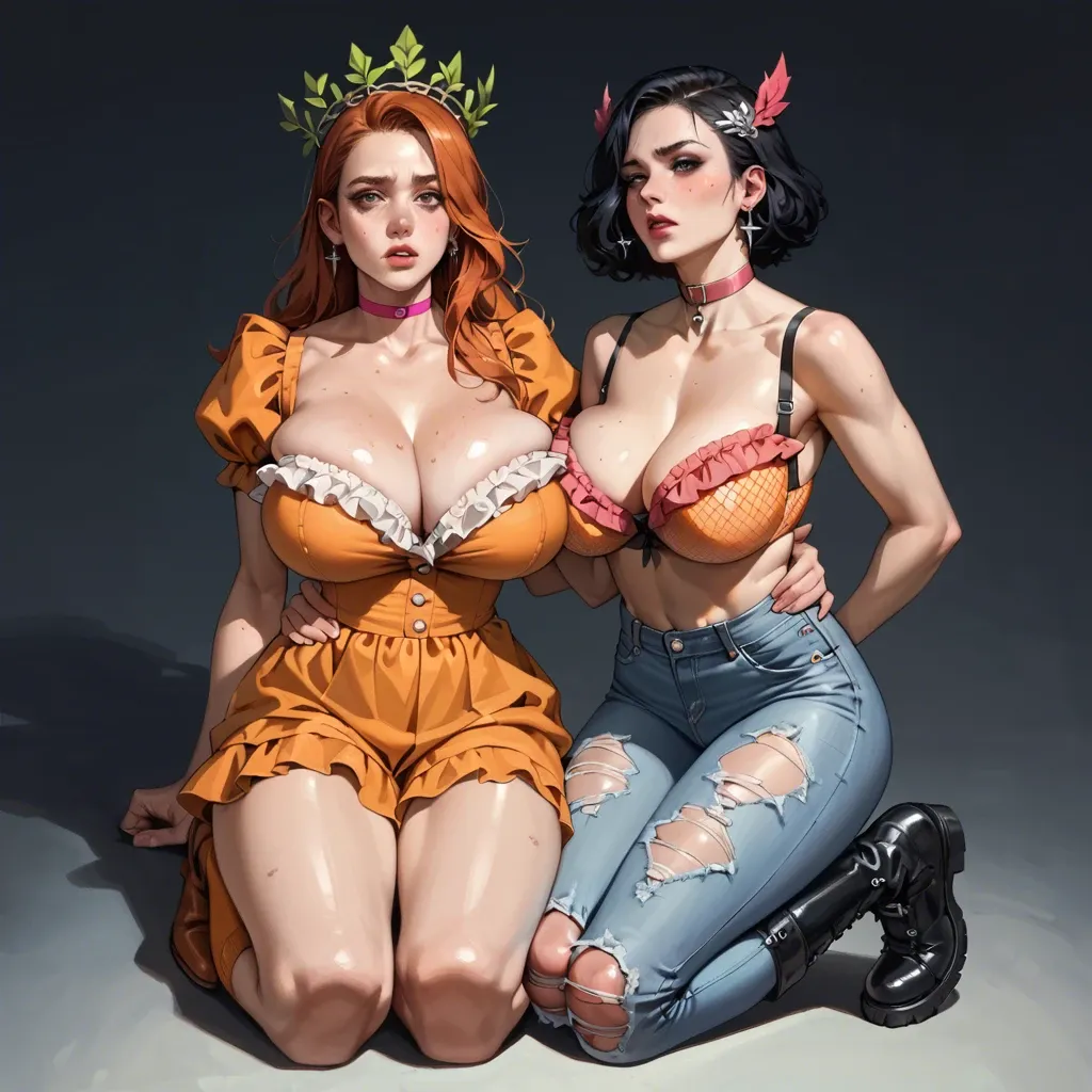 2girl, , , , freckled breast,shiny clothes,huge breast,hands on waist,doll joints, torn jeans,knee-high socks,pink choker,frilled bra,gothic boots, orange sundress,tight fishnets,laurel crown,mini bikini,boots, school bathroom, dark alley, dungeon, on bed, realistic, dim, spider-gwen, ariel waifu