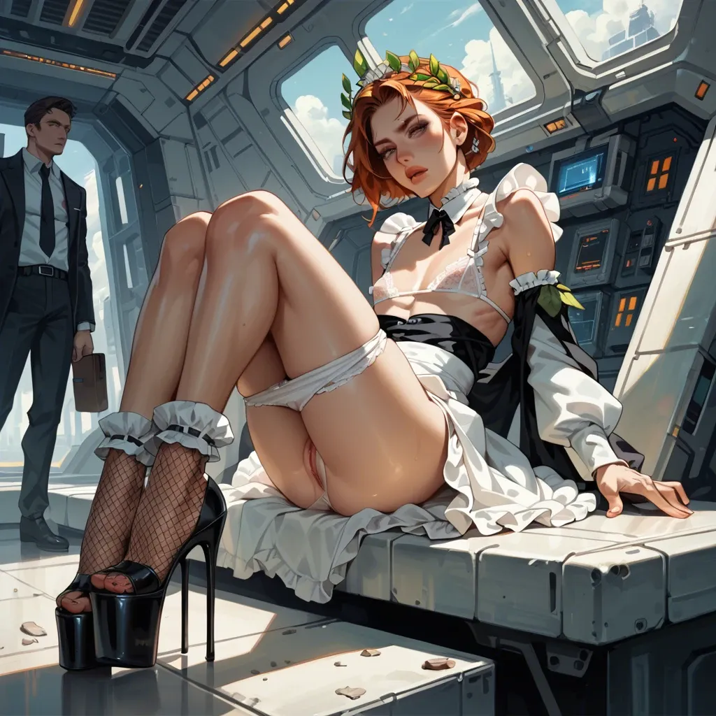 1girl,1boy, , , , glossy lips,warmers,flat chest,spaceship,knees up, maid dress,anklets,laurel crown,lace bra,platform heels, shirt pull,tight fishnets,white panties,lingerie,high heels, barn, bathing in lake, tavern setting, anime, dark eyeliner, lara croft, ariel