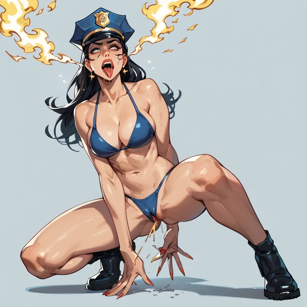 Policewoman,  bikini, smoke from ears, smoke from head, bend over, sparks from mouth, confused eyes, ahegao, masturbating, sparks flying, full body, happy, maintenance