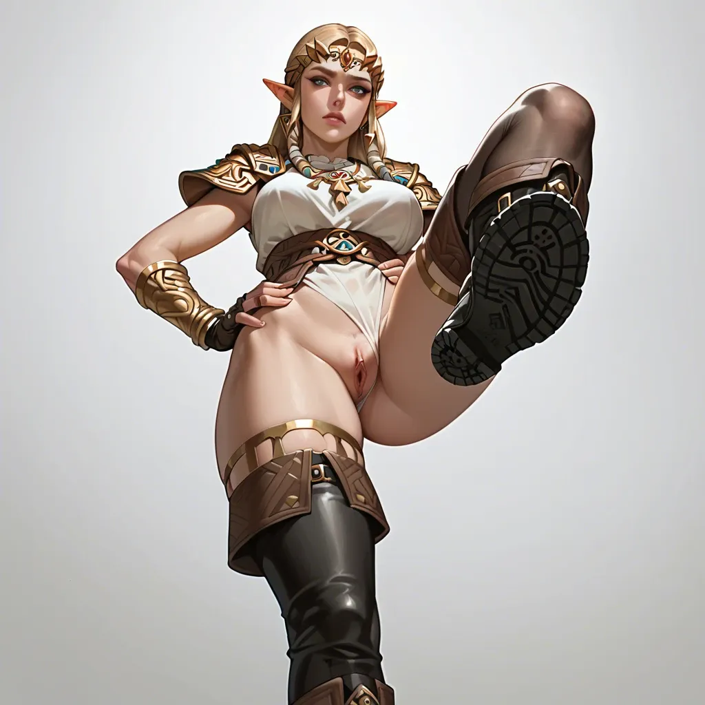 1girl,solo, , , , nice eyes,foot focus,big tits,hands on waist,shoulder,black stockings,jewelry,highleg black boots, digital art, brightly lit, zelda five futa cock