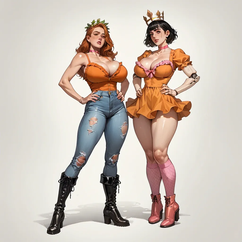 2girl, , , , freckled breast,shiny clothes,huge breast,hands on waist,doll joints, torn jeans,knee-high socks,pink choker,frilled bra,gothic boots, orange sundress,tight fishnets,laurel crown,mini bikini,boots, school bathroom, dark alley, dungeon, on bed, realistic, dim, spider-gwen, ariel waifu naked