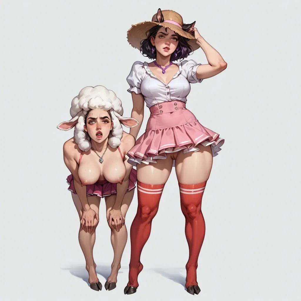 2girl, , , , raised eyebrow,hooves feet,round boobs,high waisted,purple necklace, mole under eye,hand in hair,perky breasts,large hips,knees apart, pink skirt,red stockings,wool hat,frilled bra,knee boots, grey shirt,sexy stockings,circle glasses,latex corset,black sneakers, orange sundress,socks,cotton panties,no panties,stiletto heels, barn, in a garden, medieval tavern, leash, dildos, western cartoon, night time, tifa, wonder woman, dynamic angle