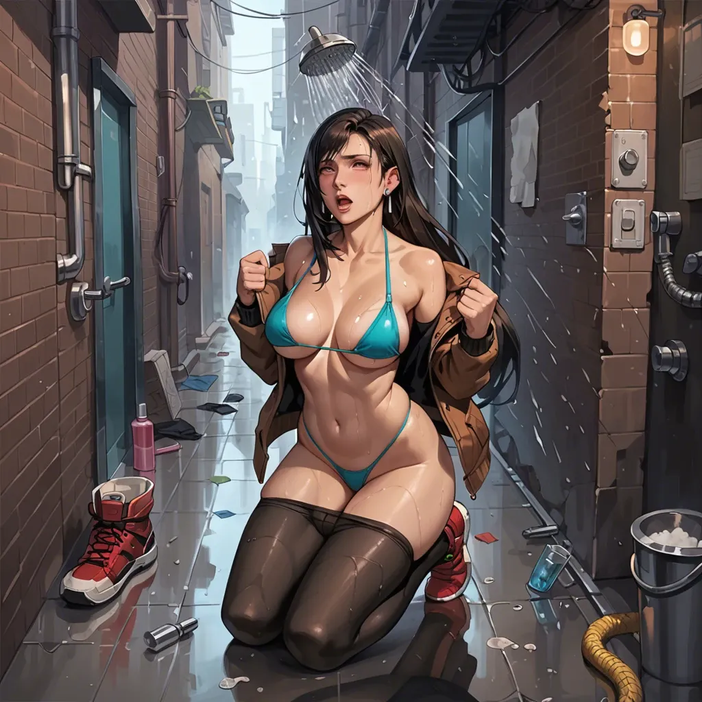 1girl,1boy, , , , double chin,feet tied,perky boobs,large hips,on knees, brown jacket,pantyhose pull,big earrings,mini bikini,running shoes, glass shower, dark alley, cyberpunk, tifa lockhart