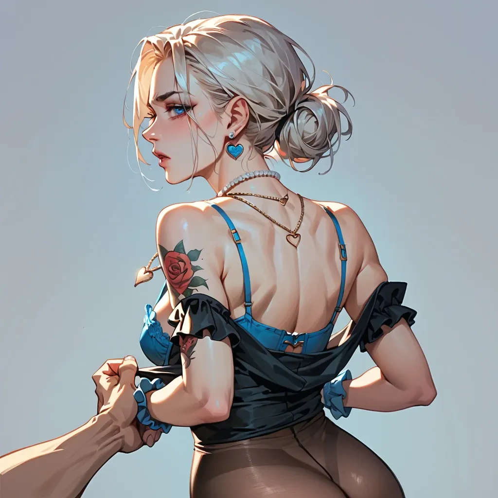 1girl,solo, , , , nip slip,pov hand,perky breast,look back,bare shoulders, cute nose,arm tattoos,round tits,clenched waist,heart necklace, black shirt,pantyhose,frilled gloves,blue bra,gothic boots, nightclub, new york city, medieval tavern, fucked in bed, source anime, dark ambience, ariel waifu