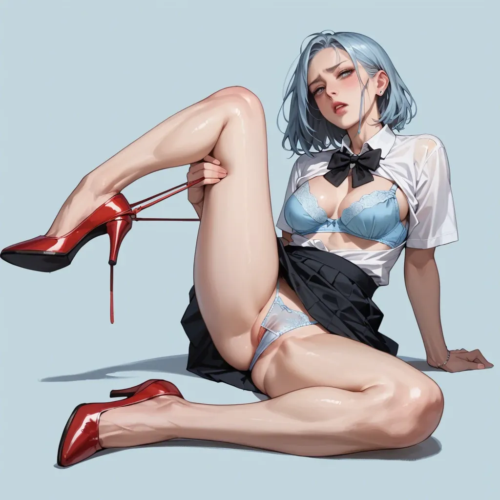 1girl,solo,light blue g string,black skirt,red high heels, legs spread, skirt slightly pulled up,white shirt, shirt slightly pulled back,black bow tie, 1 knee up, 1 knee down, shirt pulled back,light blue bra, light blue bra, legs bent