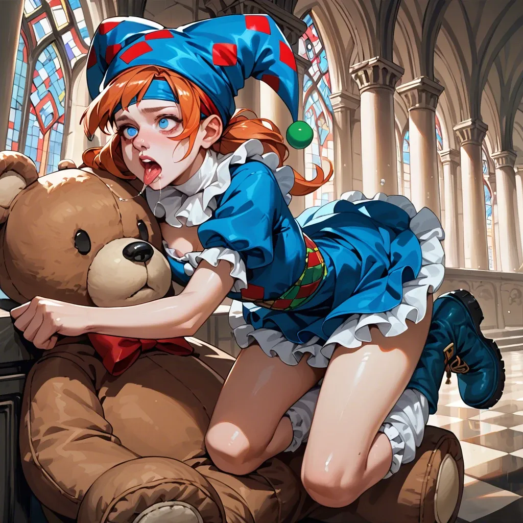 1girl,solo, , , , bubble in nose,feet on head,round tits,bare chest,pale woman, saliva on shirt,palace,jester cap,frilled bra,boots, blue dress,baggy socks,headband,teddy,thigh boots, school uniform, city, tavern, magic dildo, multiple dildos, detailed scales, nighttime, princess peach, rapunzel, sailor moon