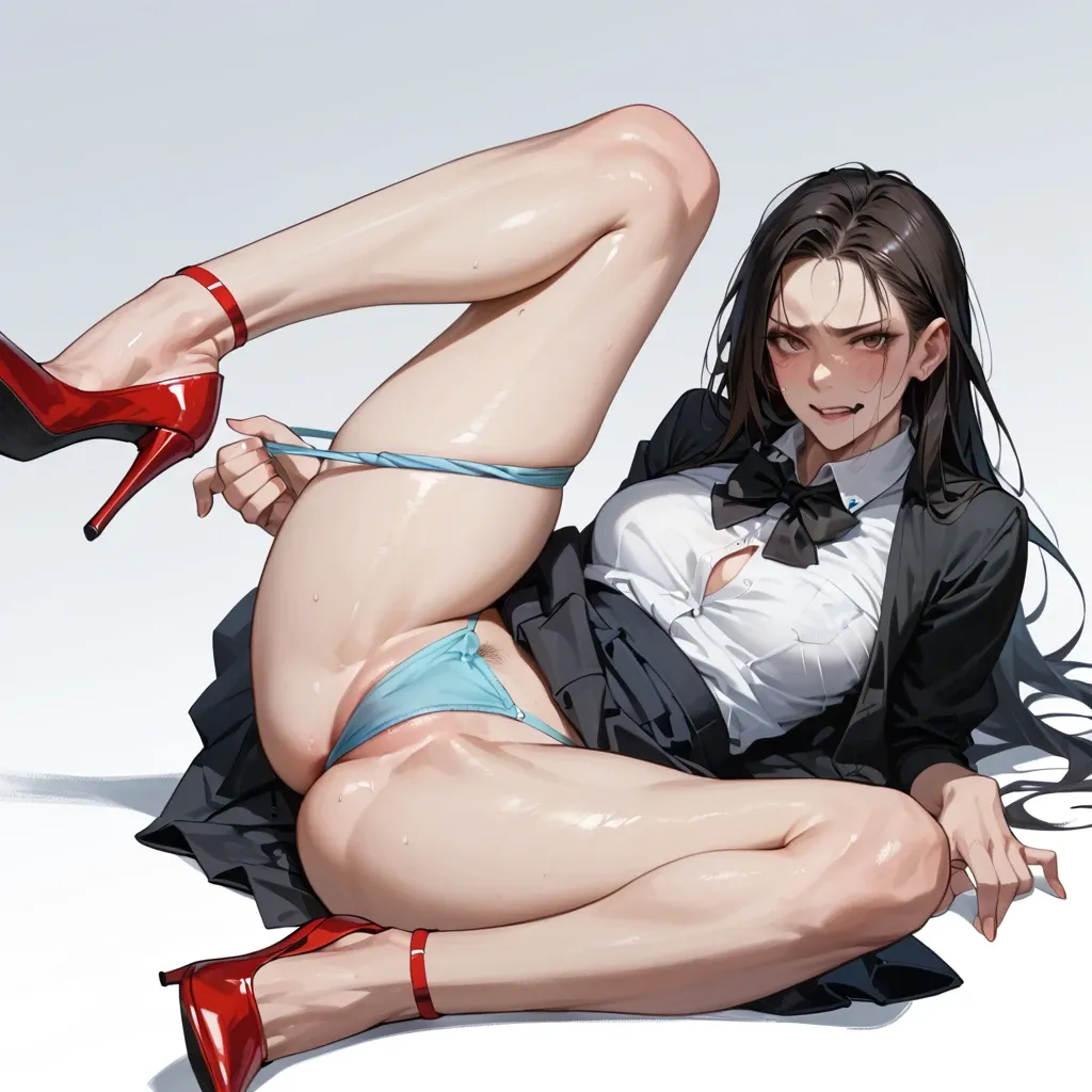 1girl,solo,horny face,light blue underwear,g string,black shirt,red high heels, legs spread, skirt slightly pulled up,white shirt, shirt slightly pulled back,black bow tie, 1 leg up, 1 leg down, shirt pulled back