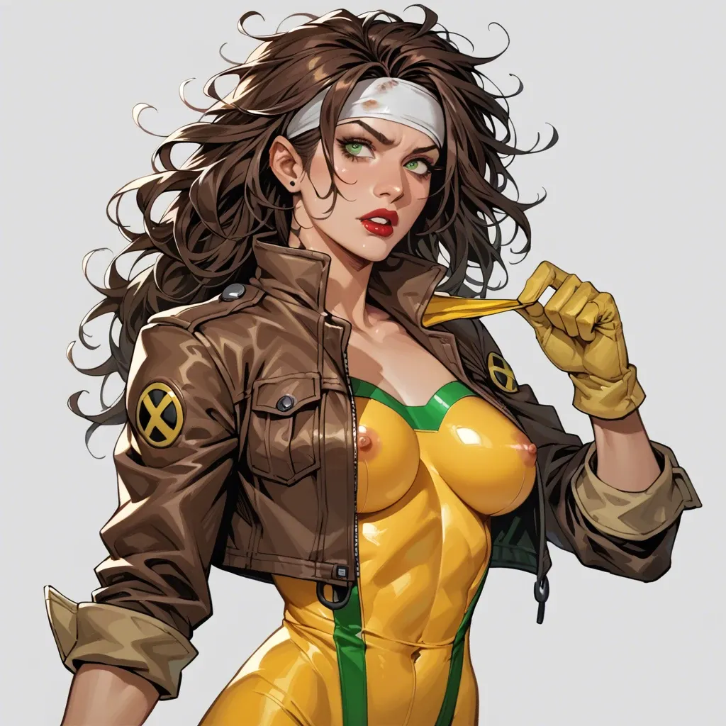 Rogue (X Men97), RogueXMXL, green eyes, lipstick, brown hair, two-tone hair, long hair, messy hair, headband, Medium breasts, cropped jacket, brown jacket, yellow bodysuit, long bodysuit, yellow gloves, belt, yellow boots, ass up