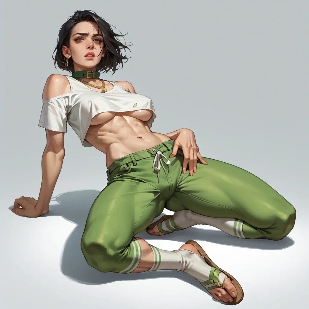 1girl,solo, , , , jawline,good hands,perky big tits,underboob,free shoulders, gray t-shirt,knee socks,green collar,laced bodysuit,strappy sandals, white tank top,gold necklace,golden tiara,micro thong,knee boots, bare, street, spaceship, zelda, johanna, ariel waifu