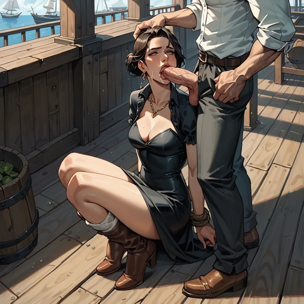 1girl,1boy, , , , cock on cheek,elbows,round boobs,ship deck,neck, cocktail dress,leg warmers,tied hands,black bodysuit,knee boots, office dress, dark alleyway, dungeon, candid camera, detailed face, bright-lit room, girl lara croft, dynamic angle