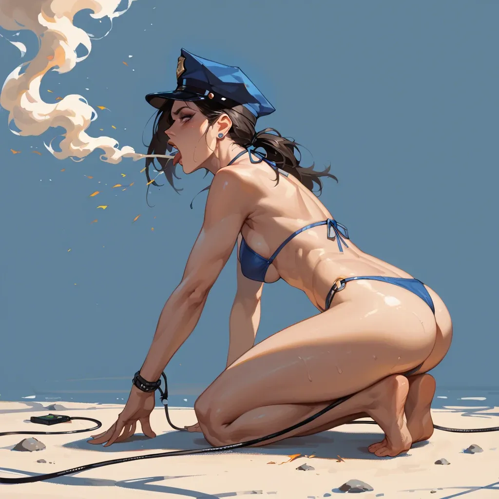 Policewoman,  bikini, smoke from ears, smoke from head, bend over, sparks from mouth, confused eyes, ahegao, masturbating, sparks flying, full body, happy, maintenance, wires from ears, smoke from ass