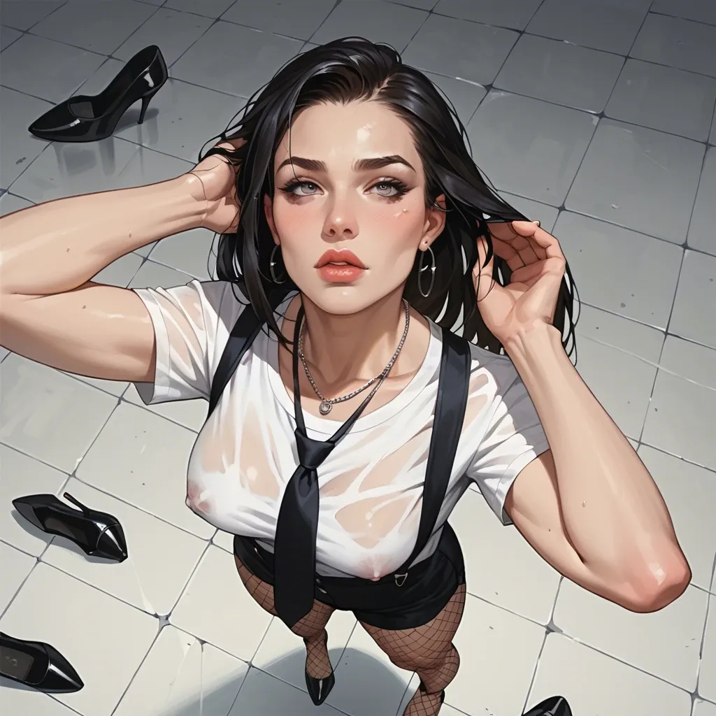 1girl,solo, , , , lips,hand in hair,round boobs,love handles,necklace, fisheye view,black high heel,big boobs,shot from above,necktie, plain t-shirt,black fishnet,suspenders,black bikini,white sneakers, royal bedroom, cyberpunk, ropes, lara croft, spider-gwen, rapunzel waifu