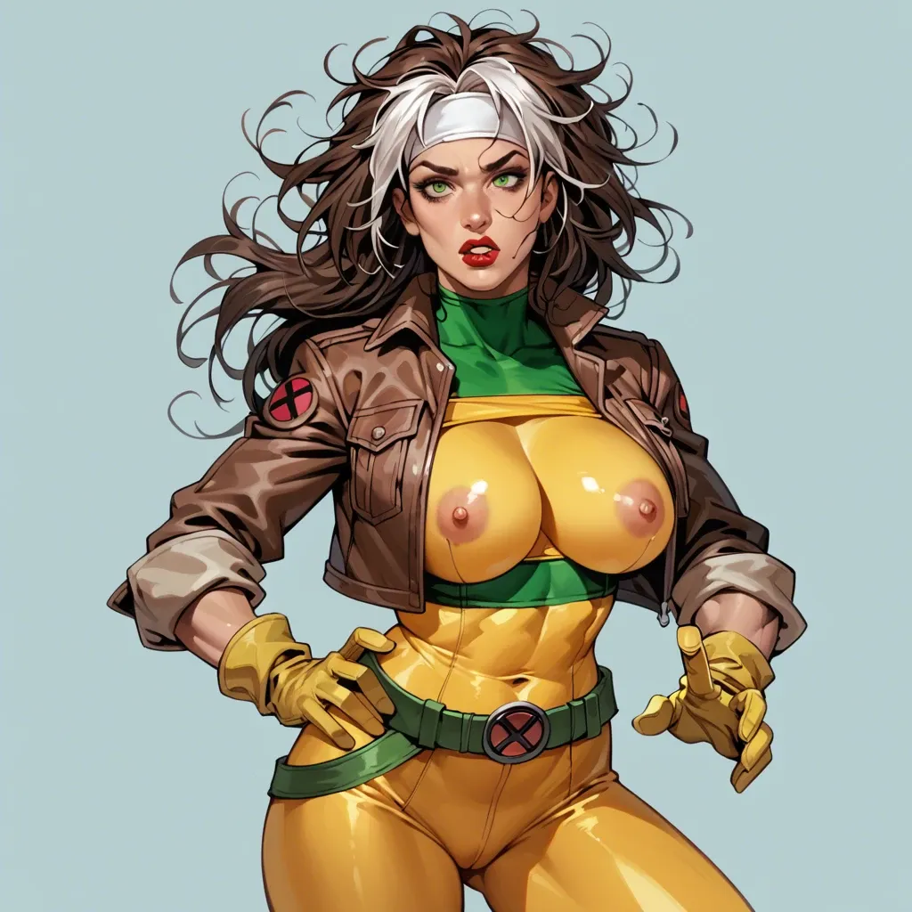 Rogue (X Men), RogueXMXL, green eyes, lipstick, brown hair, two-tone hair, long hair, messy hair, headband, big breasts, cropped jacket, brown jacket, yellow bodysuit, long bodysuit, yellow gloves, belt, yellow boots, ass up