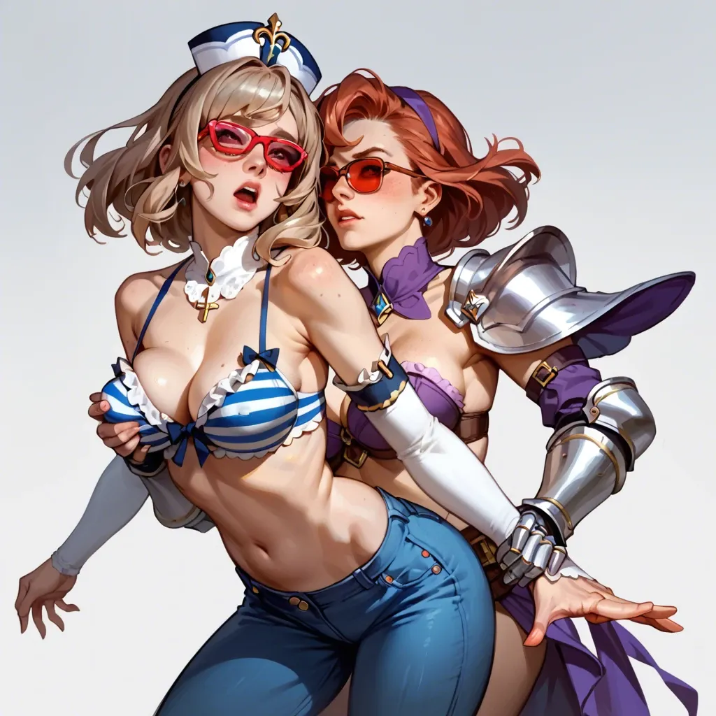 2girl, , , , freckle,thigh gap,cleavage,hip thrusts,necklace, reaching,beautiful feet,swollen nipples,pec grab,elbow gloves, pants pull,striped bikini,red sunglasses,frilled bra,armored boots, barbara, daphne blake, castle, zelda, spider-gwen, heart dynamics