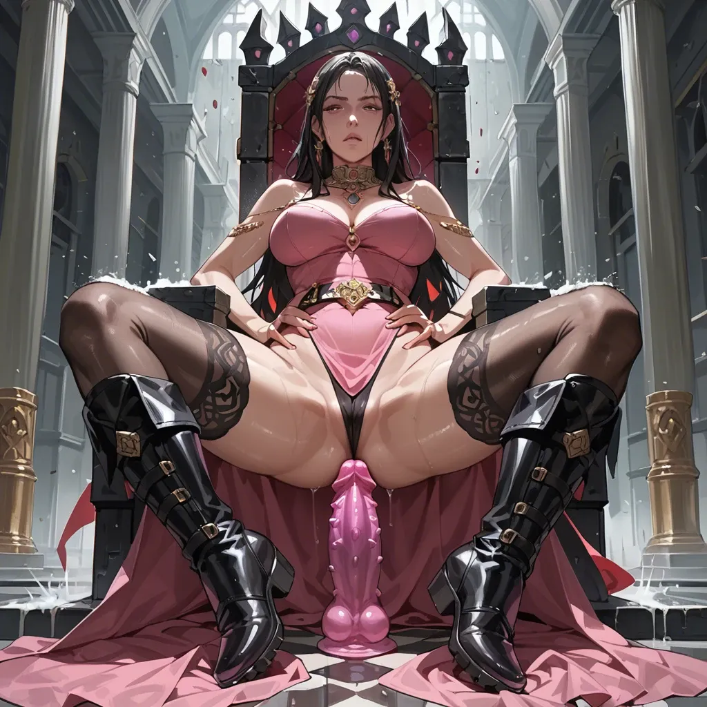 1girl,solo, , , , nice eyes,foot focus,big tits,hands on waist,shoulder, pink dress,black stockings,jewelry,highleg panties,black boots, glass shower, battlefield, throne room, glowing dildo, digital art, brightly lit, zelda