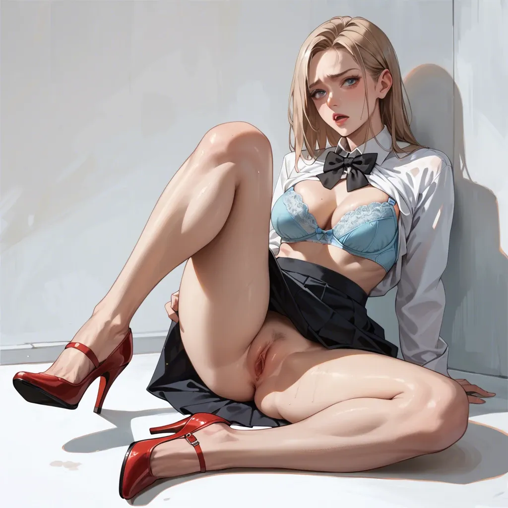 1girl,solo,light blue bikini,black skirt,red high heels, legs spread, skirt slightly pulled up,white shirt, shirt slightly pulled back,black bow tie, 1 knee up, 1 knee down, shirt pulled back,light blue bra, light blue bra, legs bent, both feet on the ground