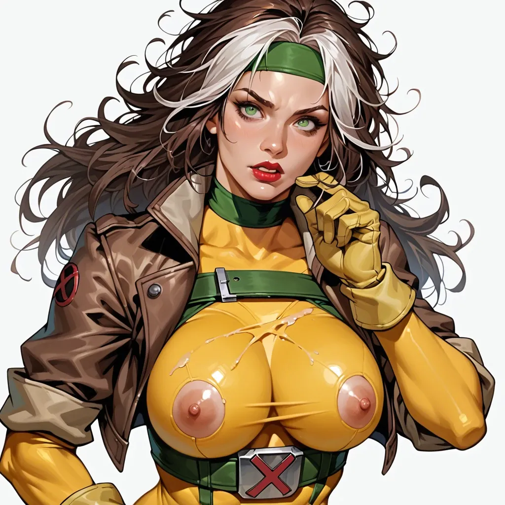 Rogue (X Men), RogueXMXL, green eyes, lipstick, brown hair, two-tone hair, long hair, messy hair, headband, big breasts, cropped jacket, brown jacket, yellow bodysuit, long bodysuit, yellow gloves, belt, yellow boots, (ass up:1.2)