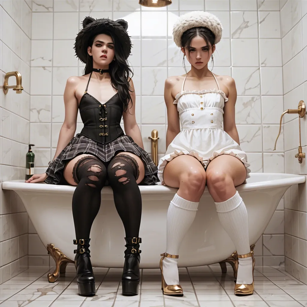 2girl, , , , cheek,feet focus,flat chest,gigantic hips,knee-highs, plaid skirt,knee-high socks,gold jewelry,bikini,high heels, sundress,lace stockings,fur hat,black corset,gothic boots, bathtub, brazil jungle, tavern setting, magic dildo, anna hair