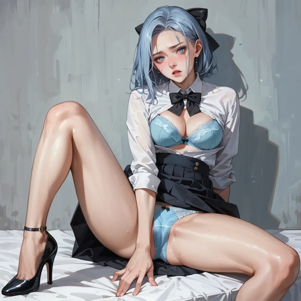 1girl,solo,light blue panties,black skirt,black high heels, legs spread, skirt slightly pulled up,white shirt, shirt slightly pulled back,black bow tie, 1 knee up, 1 knee down, shirt unbuttoned,light blue bra, light blue bra, legs bent, both feet on the ground