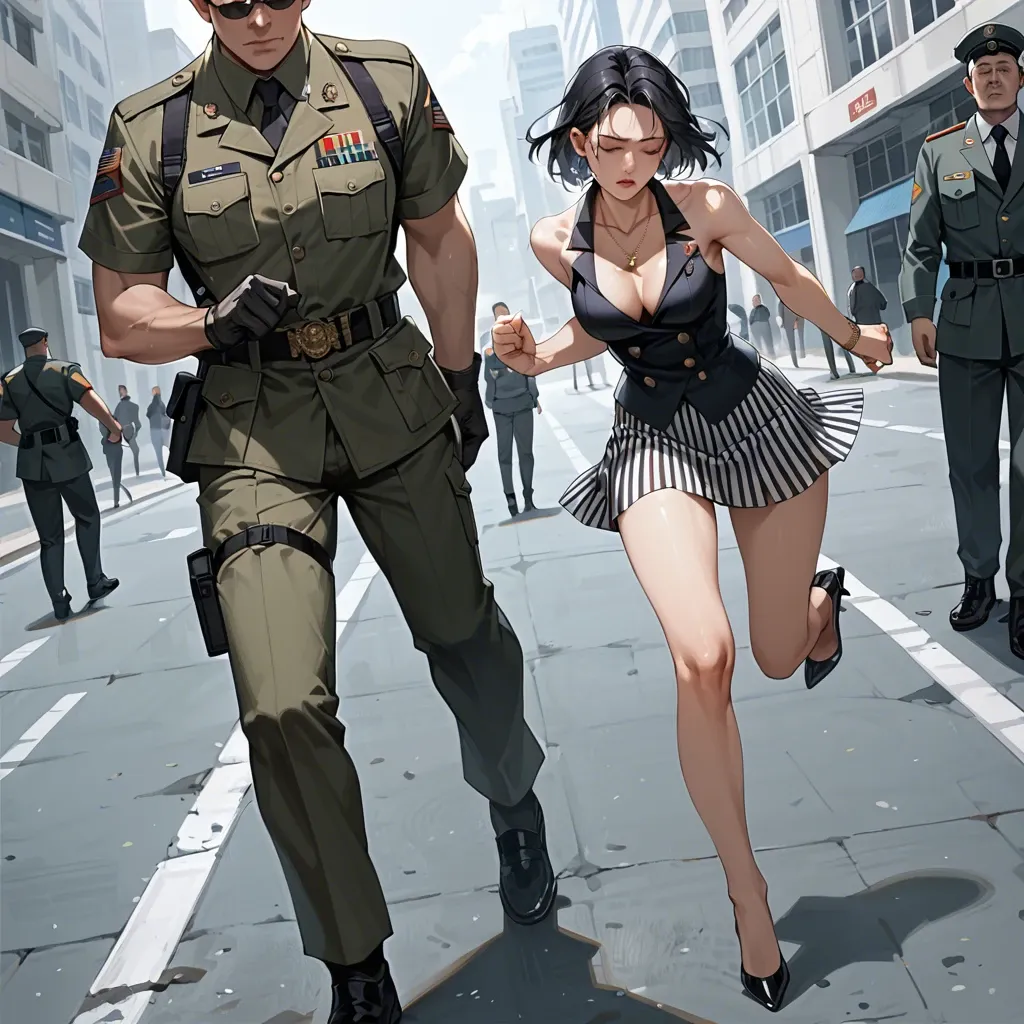 1girl,1boy, , , , close eyes,clean armpit,firm breasts,background,shoulders, army uniform,necklace,tie clip,black panties,heels, striped skirt,striped,opaque glasses,black bodysuit,running shoes, lying on beach, medieval prison, smartwatch, zelda, ariel, ariel waifu