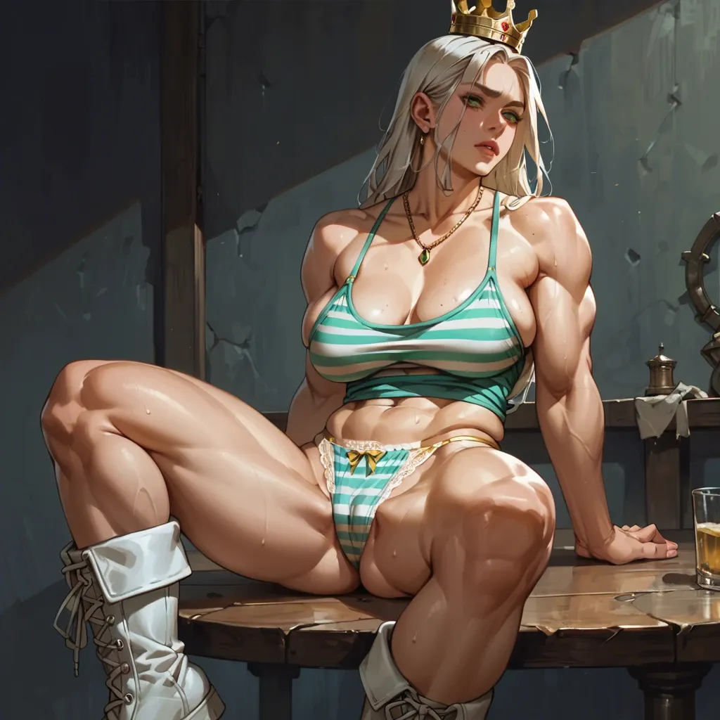 1girl,solo, , , , green-eyes,muscular thighs,saggy breasts,turn back,golden necklace, dimples,camisole,round breasts,table,knee, sweatpants,striped bikini,gold crown,lace panties,white boots, daphne blake, medieval tavern, bench, realistic fur, studio lighting, spider-gwen, ariel waifu