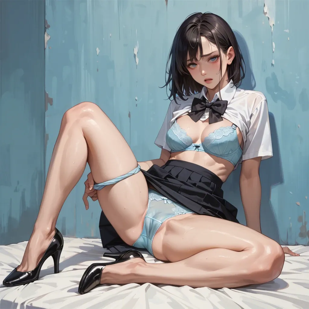 1girl,solo,light blue panties,black skirt,black high heels, legs spread, skirt slightly pulled up,white shirt, shirt slightly pulled back,black bow tie, 1 knee up, 1 knee down, shirt pulled back,light blue bra, light blue bra, legs bent, both feet on the ground