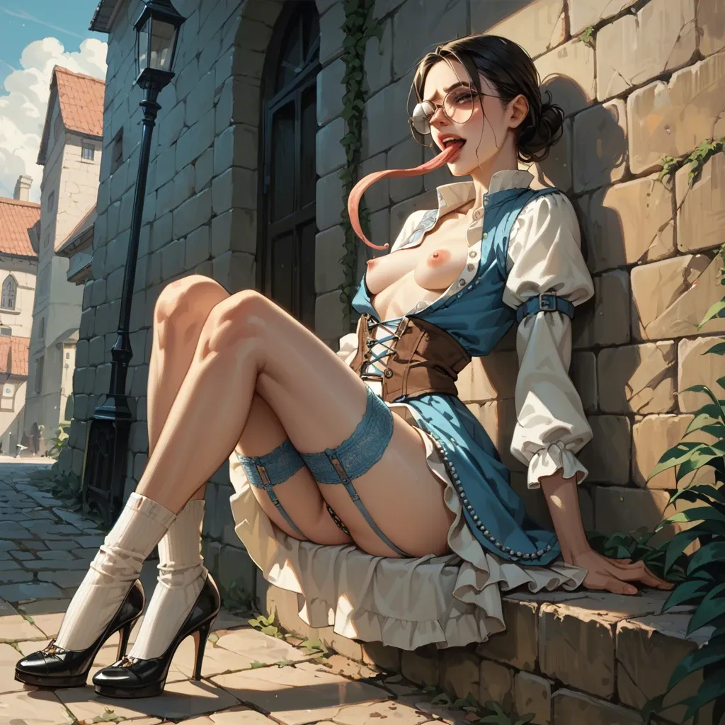 1girl,solo, , , , long tongue,thigh close up,medium boobs,slender waist,skinny legs, open uniform,baggy socks,beaded jewelry,thong,heels, medieval dress,garter belt,round glasses,one-piece,shoes, glass shower, blake, spaceship, linked