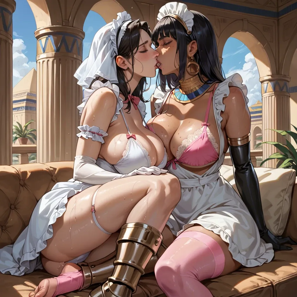 2girl, , , , freckled,soles,huge breasts,void background,kissing neck, sundress,pink stockings,maid hat,lace bra,armored boots, shirt in mouth,egyptian palace,long gloves,wet bikini,knee boots, living room, blake, throne room, spider-gwen, rapunzel waifu