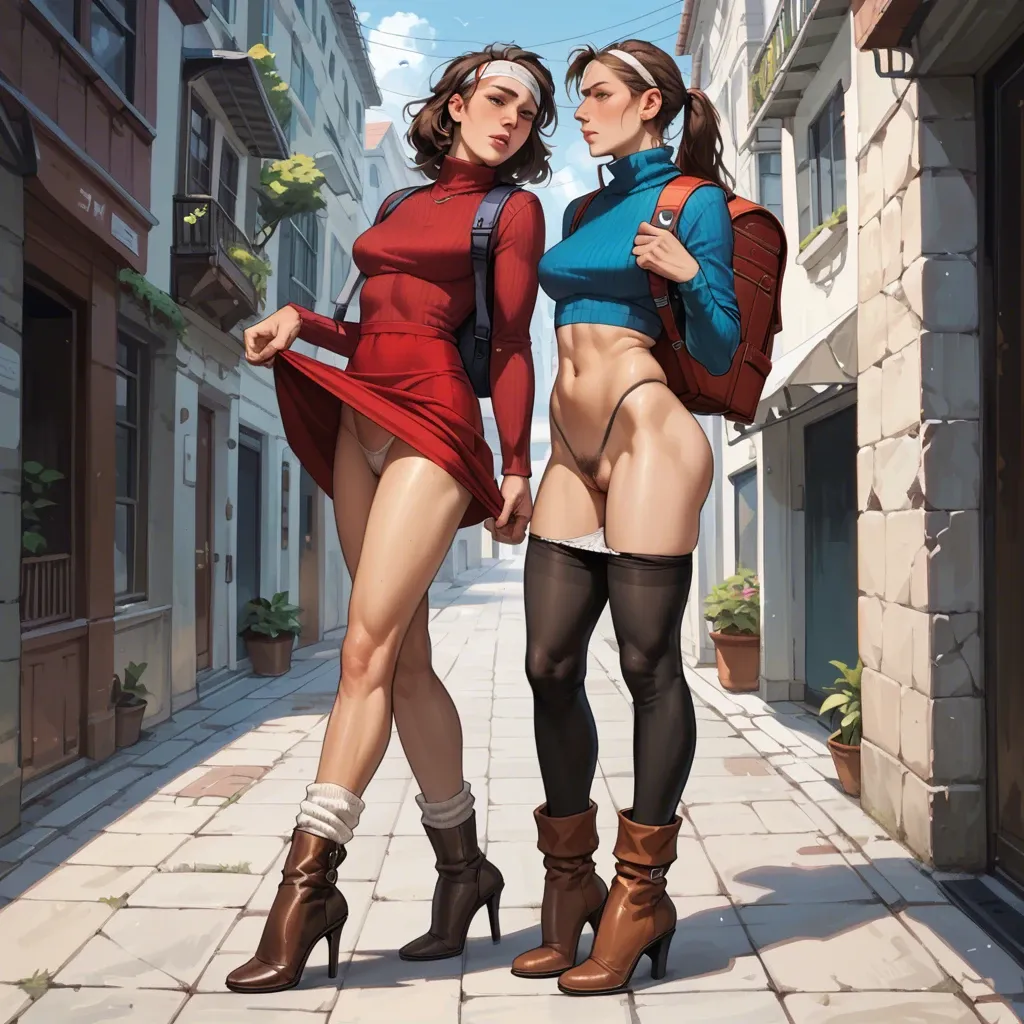 2girl, , , , jawline,beautiful feet,big boobs,backpack,blue turtleneck, red dress,white lace,headband,black bra,brown boots, underpants,leg warmers,panties down,thong,high heels, leggings,anklets,black collar,thongs,no shoes, sit on a couch, train, medieval theme, obedient slut, painted nails, bright-lit room, dynamic pov