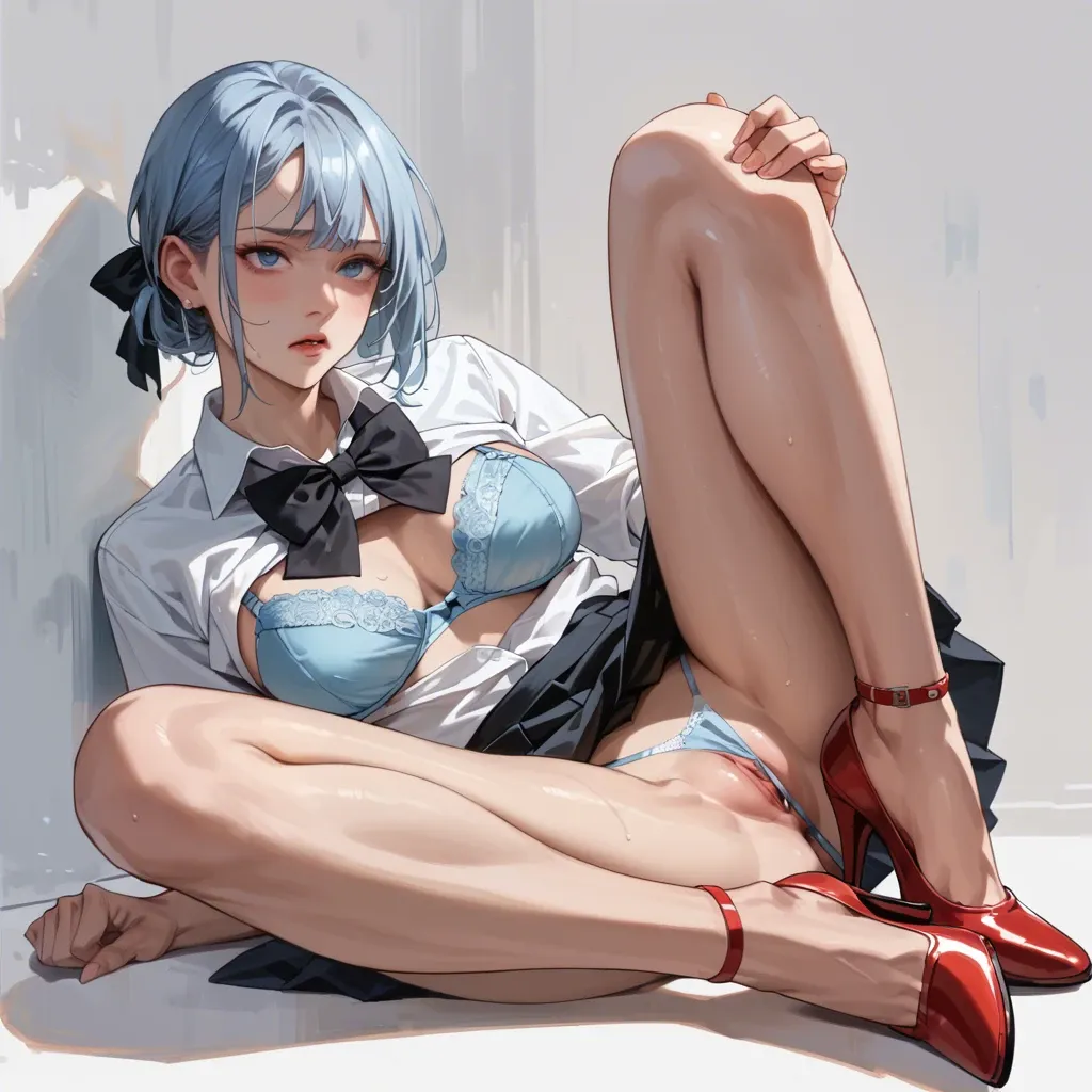 1girl,solo,light blue g string,black skirt,red high heels, legs spread, skirt slightly pulled up,white shirt, shirt slightly pulled back,black bow tie, 1 knee up, 1 knee down, shirt pulled back,light blue bra, light blue bra, legs bent, both feet on the ground