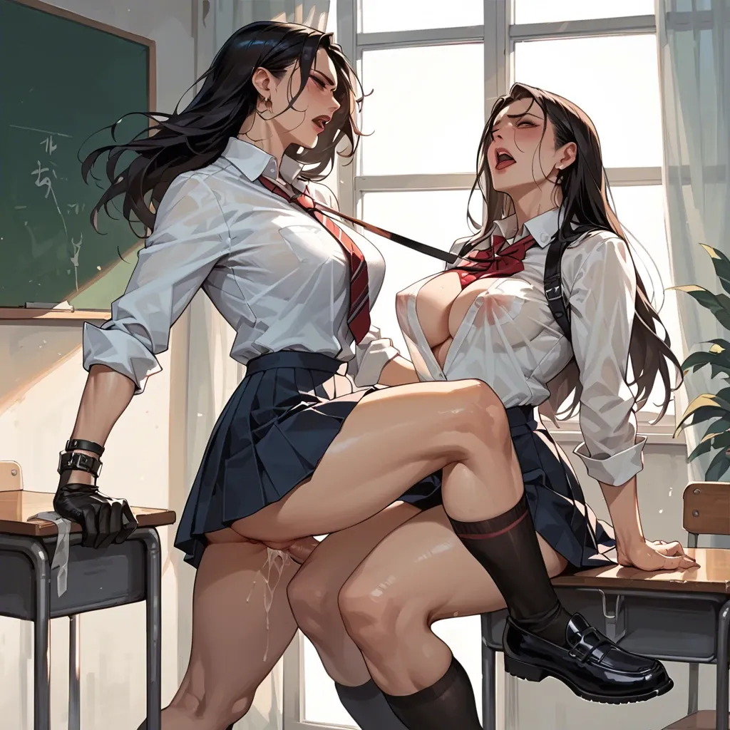 School uniform. Futanari on hands and knees. Dominatrix fucking them